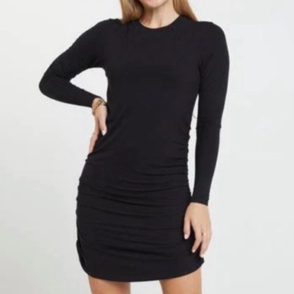 Black Long-Sleeve Ruched Mini Dress